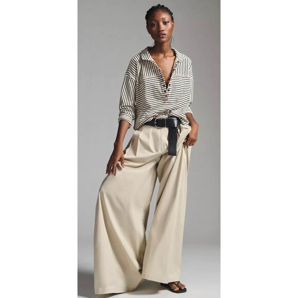 Anthropologie Pilcro Oversized Striped Lace-Up Splice Henley Top Neutral Size XS - Picture 3 of 9